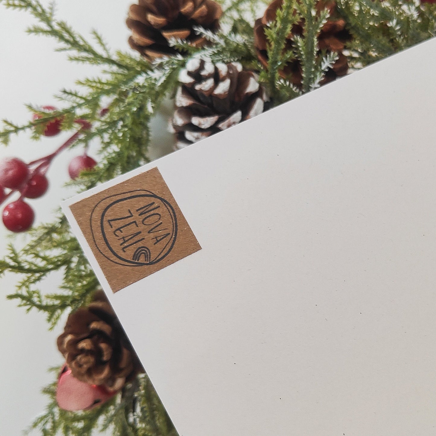 Card with a 'Nova Zeal' logo on the back of the card and a Christmas-themed backdrop with greenery and pinecones.