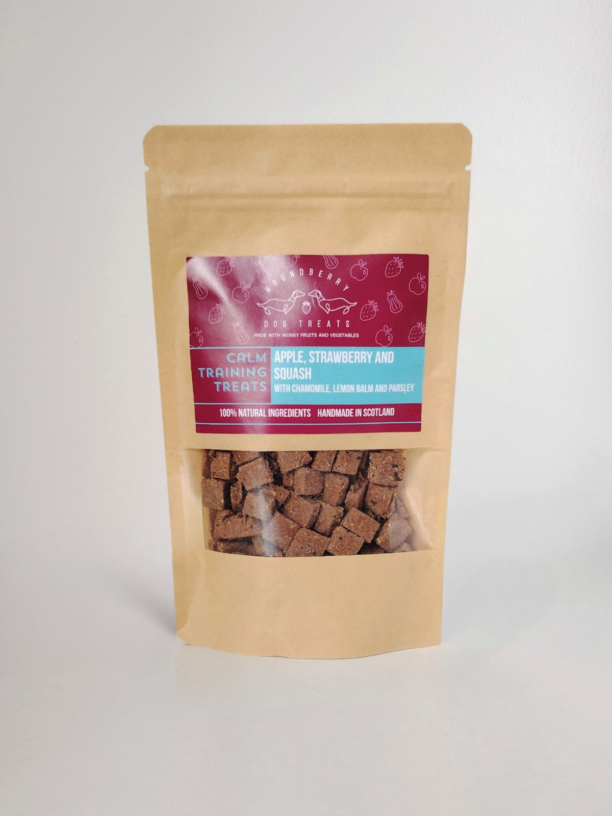 Houndberry Calming Training Treats for dogs in a resealable pouch.