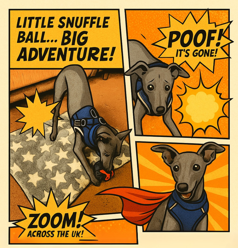 Comic illustration of Italian Greyhound Gio enjoying a snuffle ball enrichment toy.