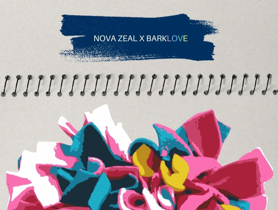 Stylised Nova Zeal x Barklove collaboration image featuring a colourful snuffle mat in pink, blue, white and yellow tones.