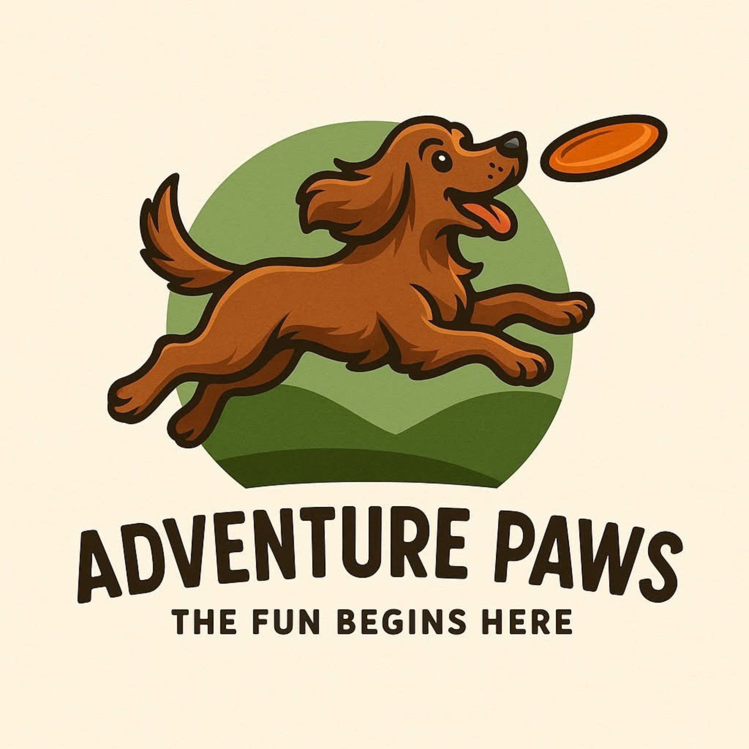 Logo of a dog catching a frisbee with 'Adventure Paws' text on a beige background