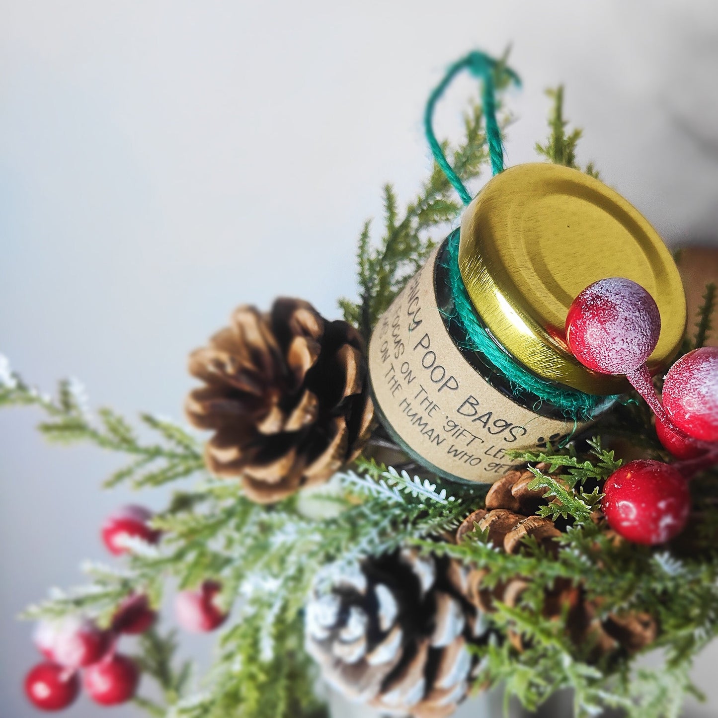 Close-up of a gold lid and vibrant emerald green jute string on the 'Emergency Poop Bag' Socking Filler gift.