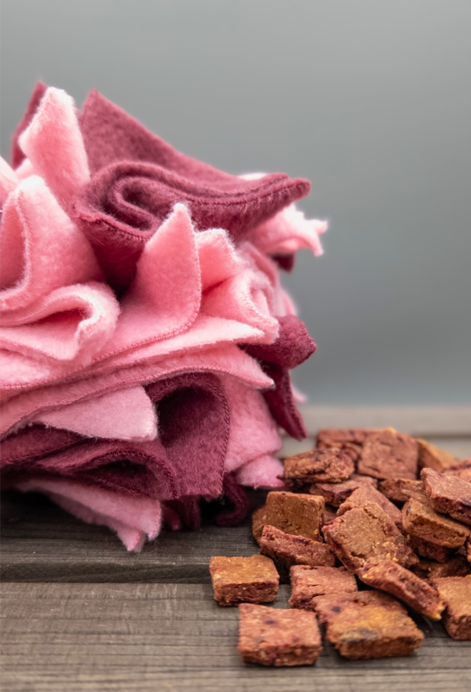 Pink and purple foraging toy and dog treats on a wooden surface with a grey background