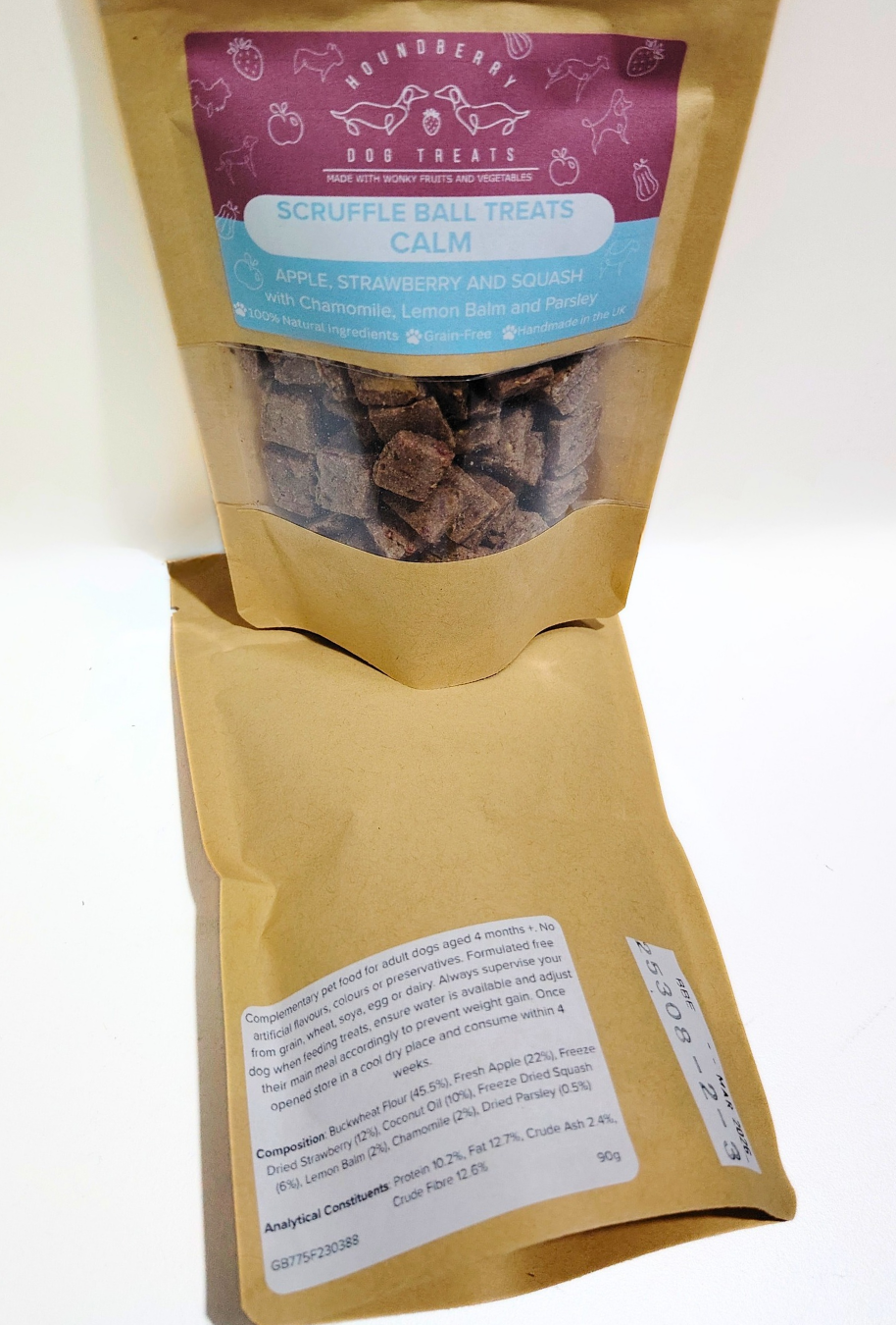 Calming Scruffle Ball Treats showing the ingredients label on a white background