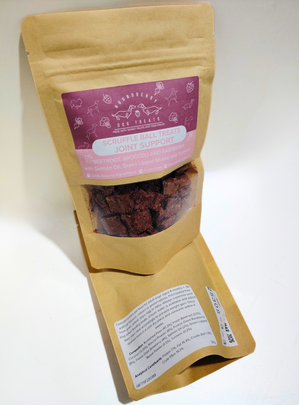 Kraft packaging with a Houndberry Joint Support treats and an ingredients label on a white background