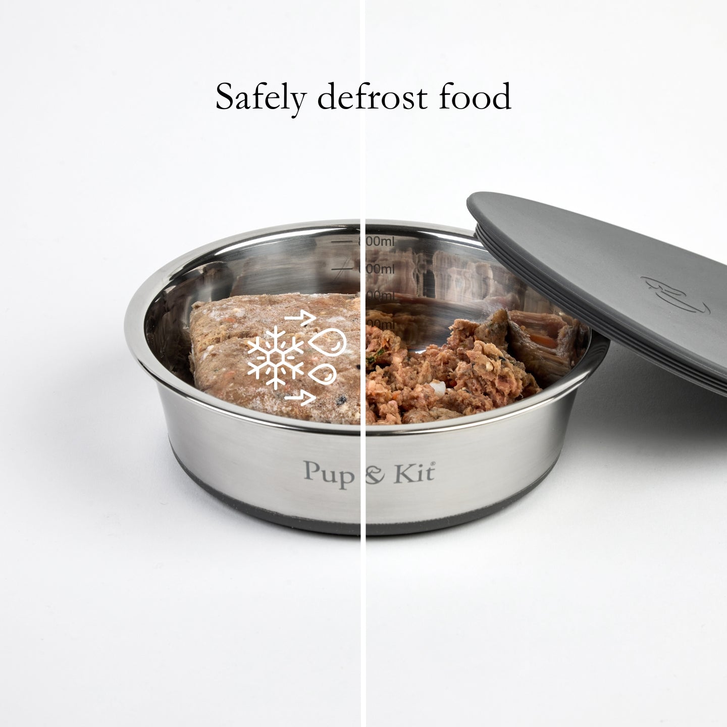 Lid-it stainless steel bowl showing a partially defrosted meal, with one side still frozen and the other thawed, highlighting the bowl’s safe defrosting capability.