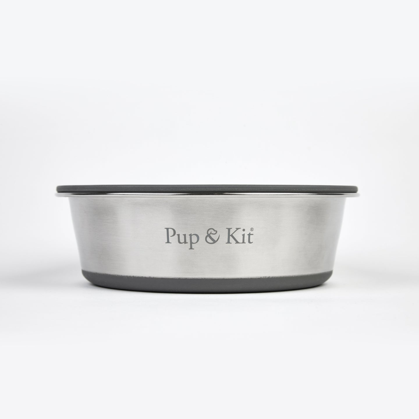 Stainless steel Pup & Kit Lid-it pet bowl with airtight silicone lid, non-slip base, and minimalist design, suitable for dogs and cats.