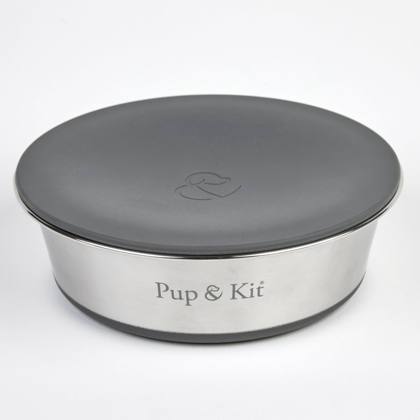 Pup & Kit Lid-it stainless steel pet bowl with airtight silicone lid securely placed on top, shown against a plain background.