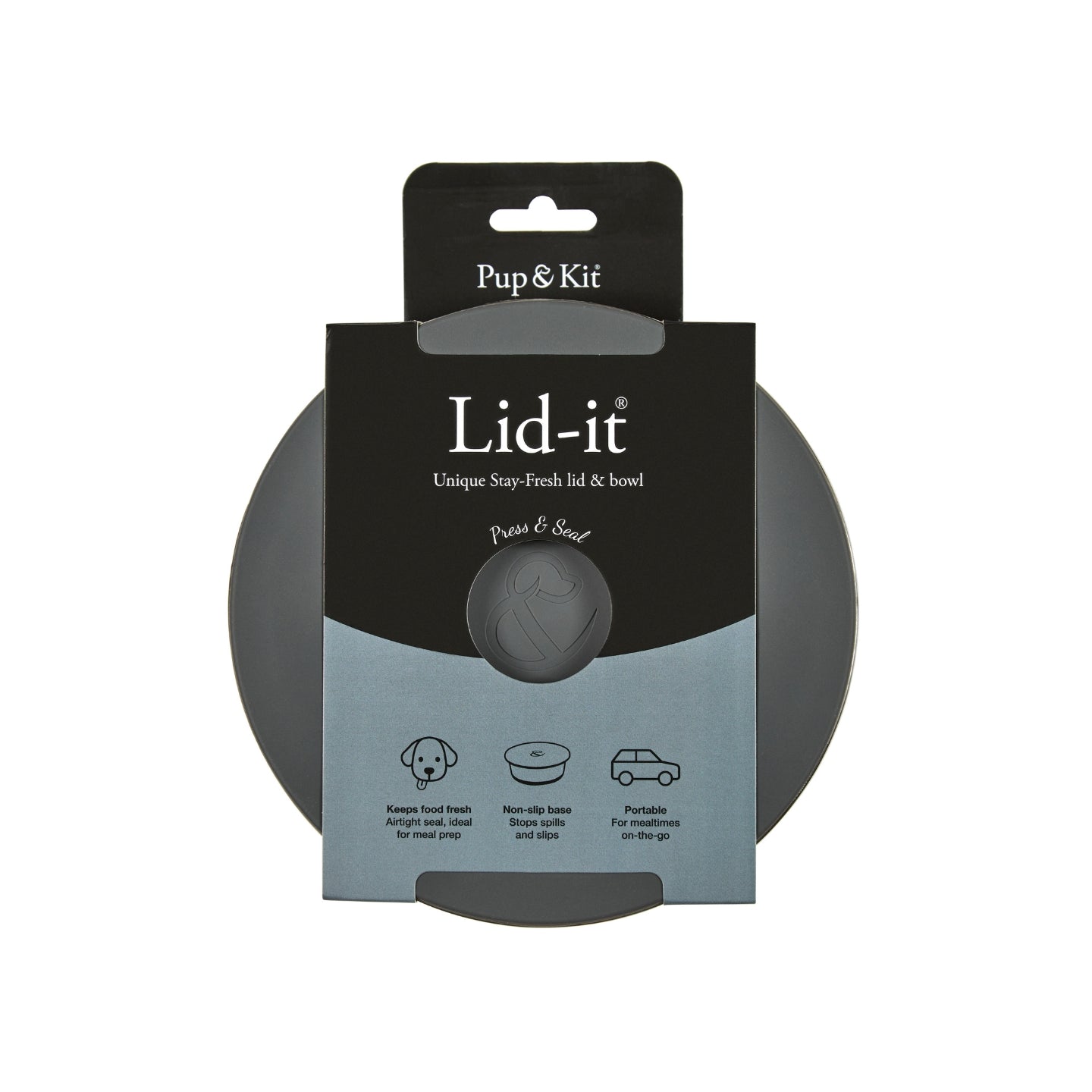 Lid-it pet bowl packaging by Pup & Kit showing stay-fresh lid design, features airtight seal, non-slip base, and portable use for dogs and cats.