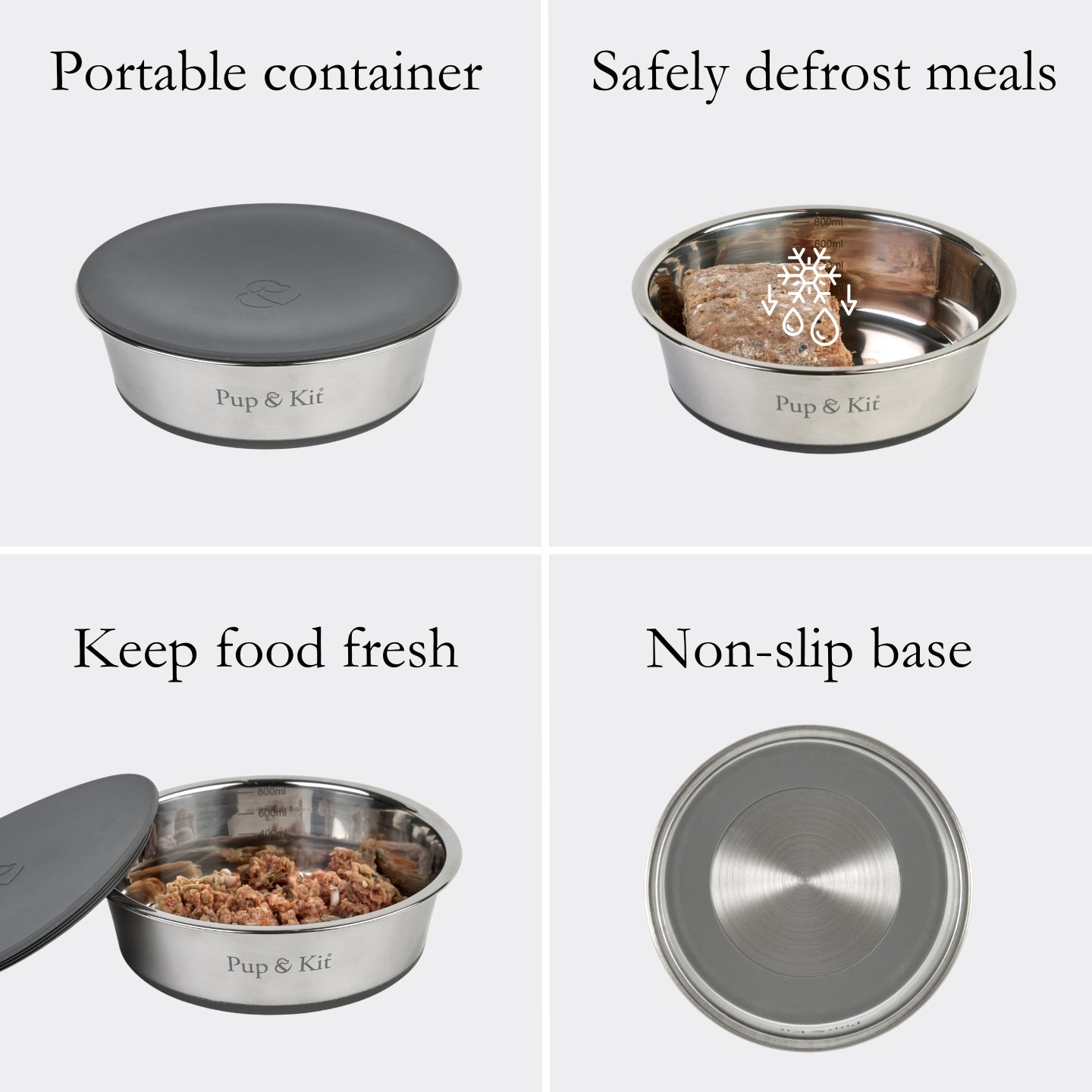Pup & Kit Lid-it pet bowl shown in four uses: as a portable container with lid, safely defrosting meals, keeping food fresh with airtight lid, and featuring a non-slip base for stability.