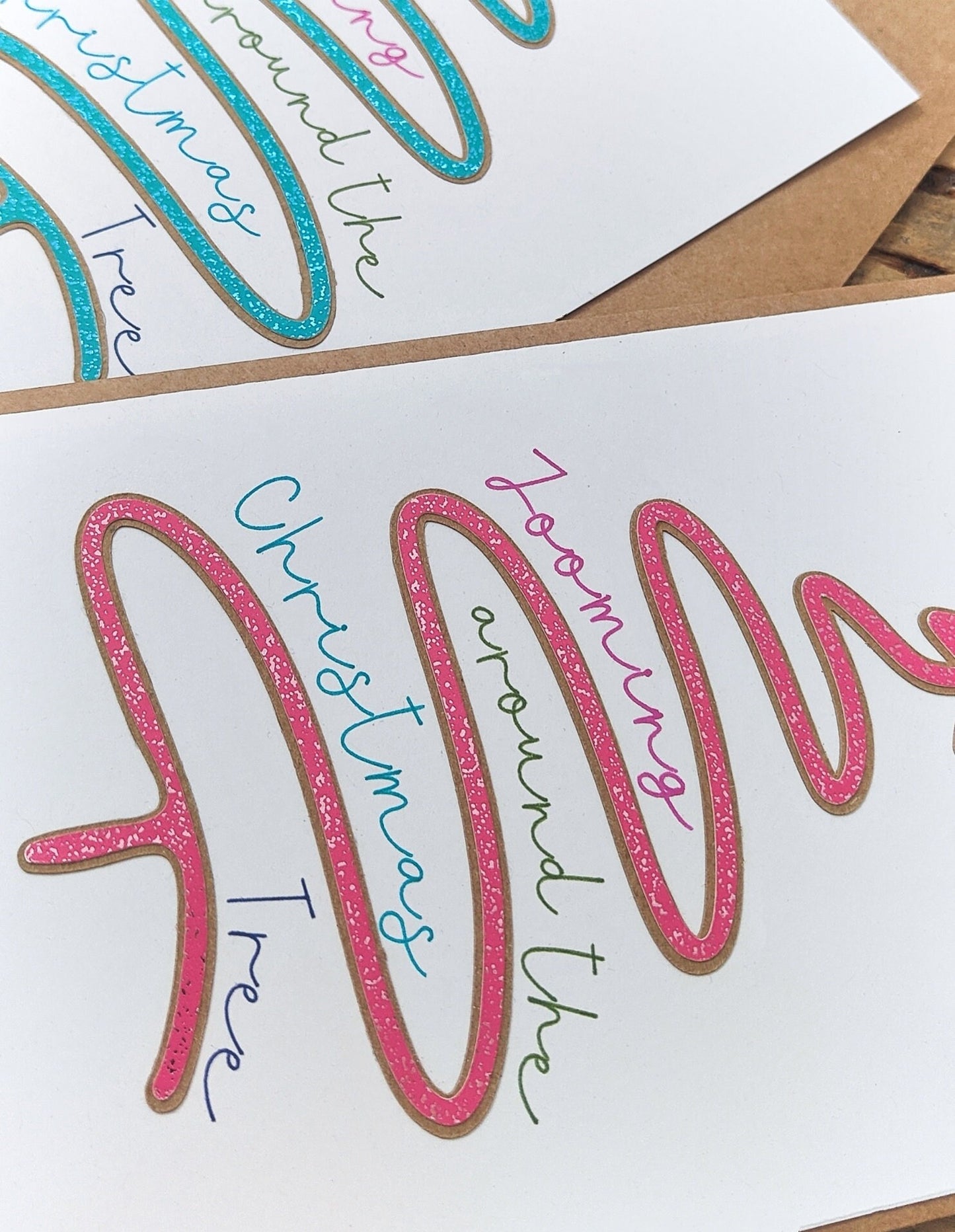 Decorative card with wavy text design on a white background