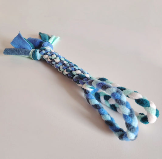 Cool colour fleece dog tug toy by Nova Zeal, handmade enrichment toy for interactive play.
