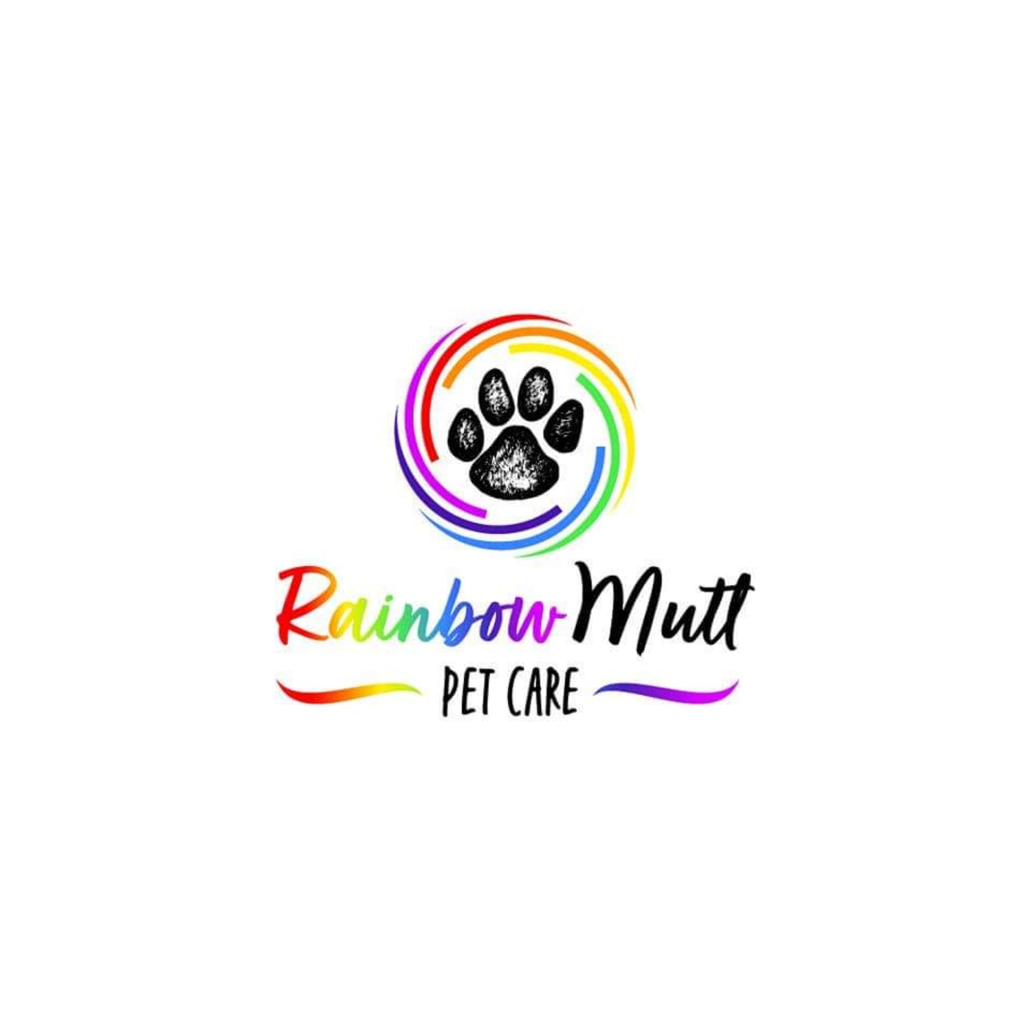 Logo of Rainbow Mutt Pet Care with a rainbow-colored circular design and paw print on a white background.
