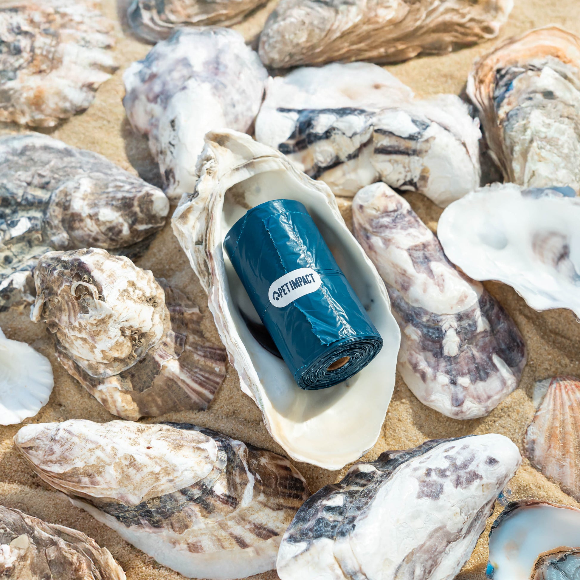 Single Pet Impact ReSEAcled dog poo bag roll displayed inside an oyster shell on a sandy beach, highlighting the recycled materials used in the product.