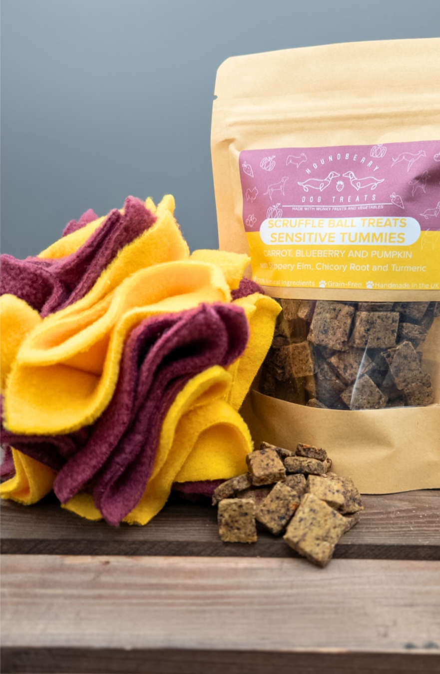 Dog treats in a bag with a matching enrichment toy on a wooden surface