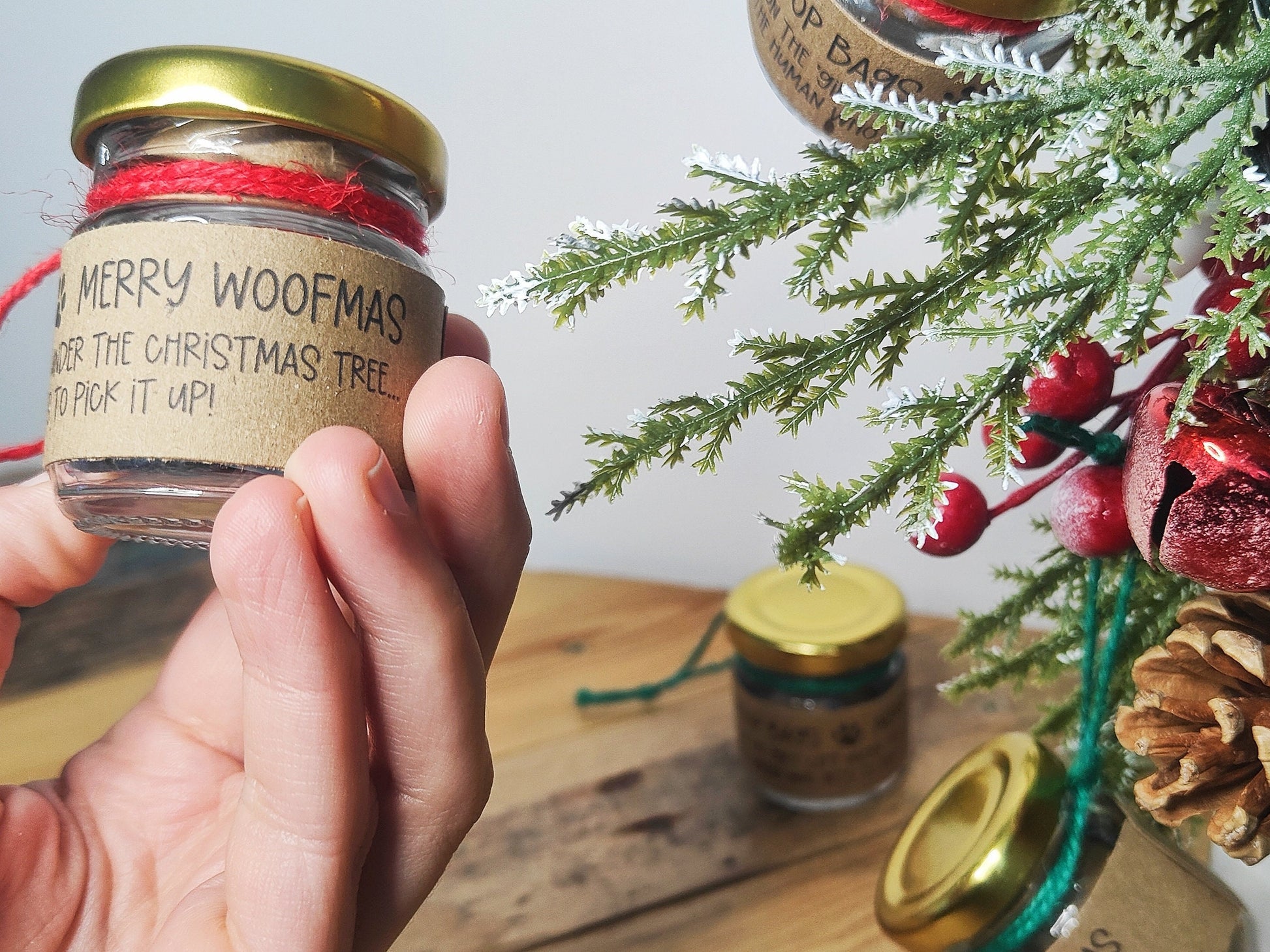 A hand holding the 'Emergency Poop Bag' Jar, with vibrant red jute. Other variations are hanging in the background amongst festive decoration.