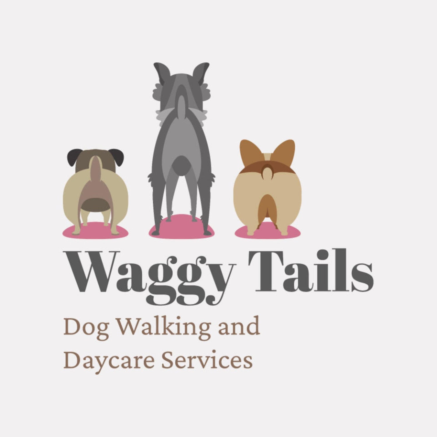 Logo for Waggy Tails dog walking and daycare services with illustrations of dogs' butts.