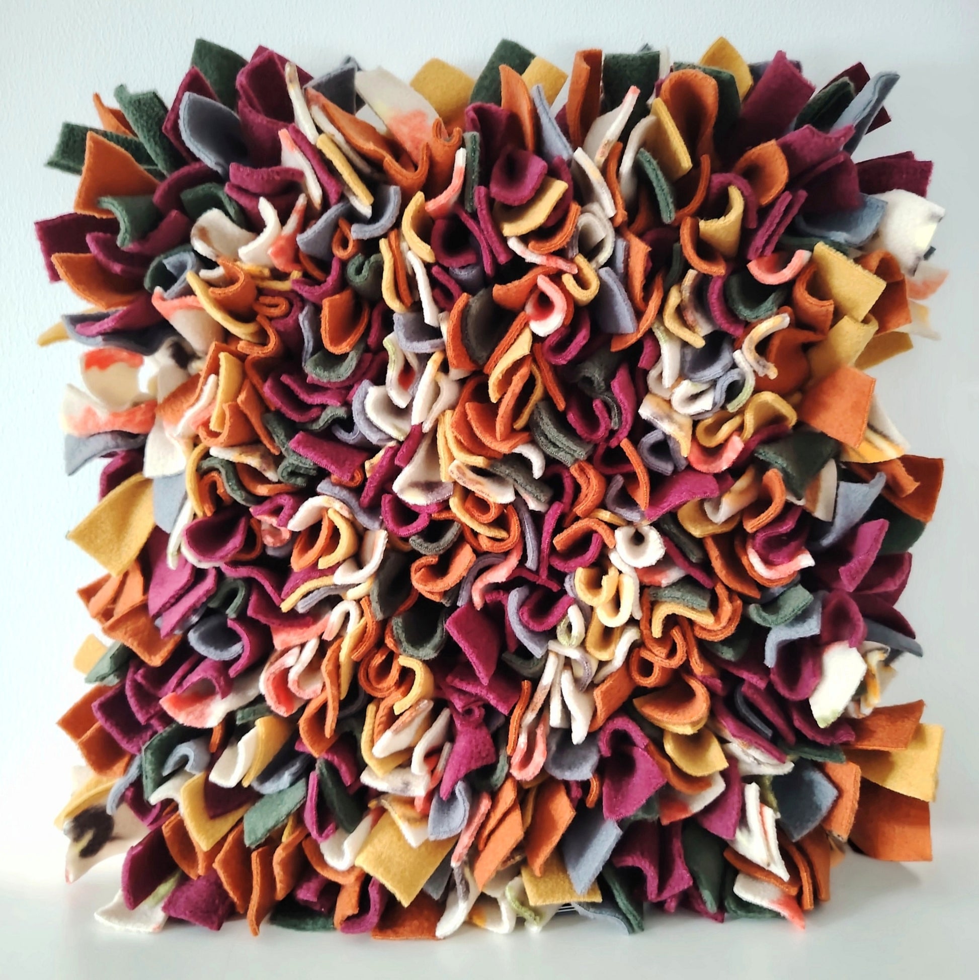 Handcrafted large Nova Zeal Autumn Snuffle Mat in rust, mustard, plum, charcoal and forest green fleece.
