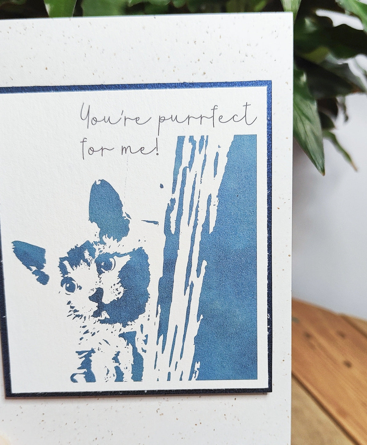 Card with blue cat illustration and text 'You're purrfect for me!' on a white background.