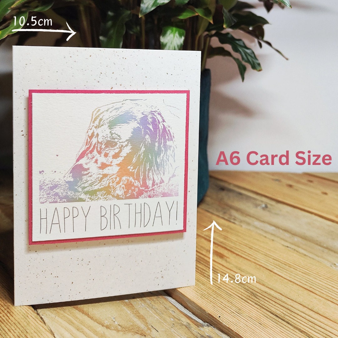 Pink Cocker Spaniel birthday card showing A6 dimensions of 14.8cm x 10.5cm.