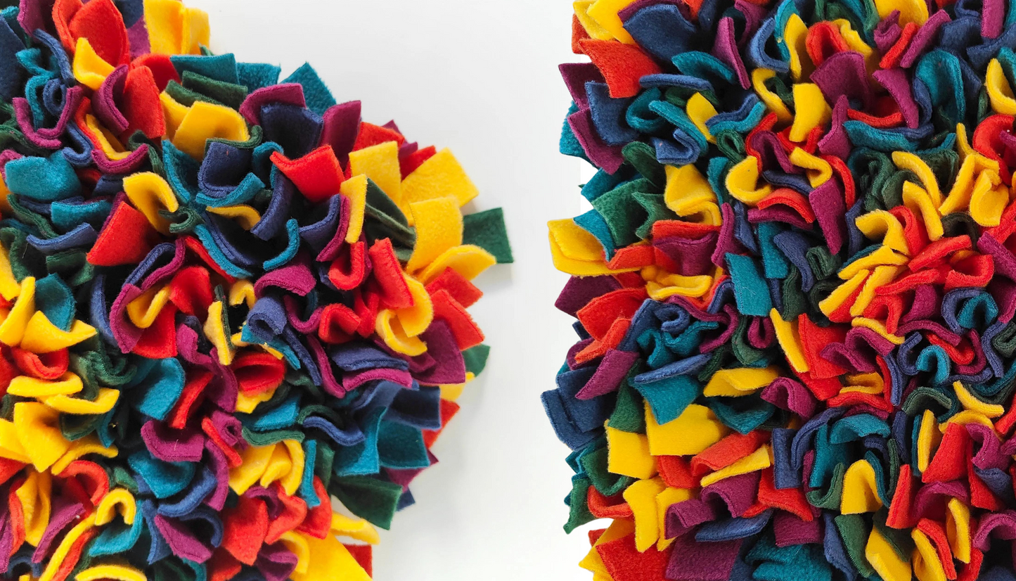 Two Mega Snuffle Mats displayed at different angles, showing size and fleece texture for large dog enrichment