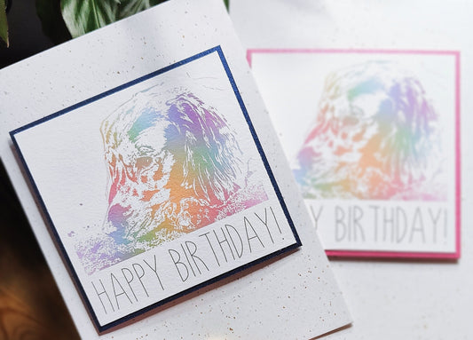 Blue and pink Cocker Spaniel birthday cards with colourful digitally illustrated spaniel design.