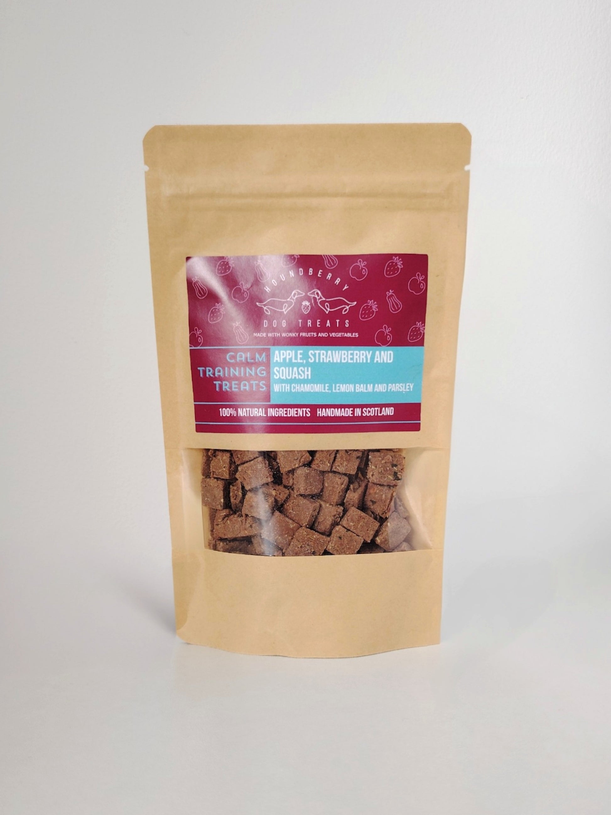Houndberry Calming Training Treats for dogs in a resealable pouch.