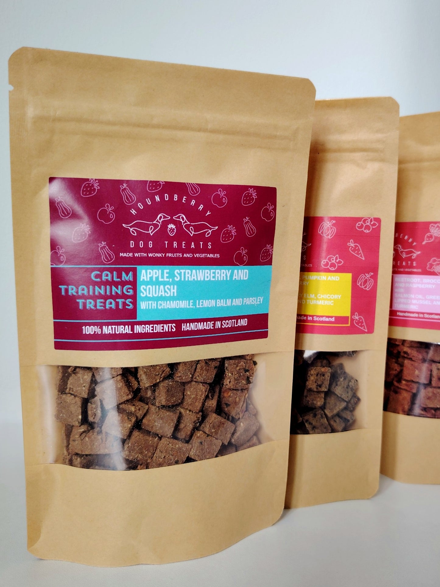 Selection of houndberry dog training treats in three flavours.