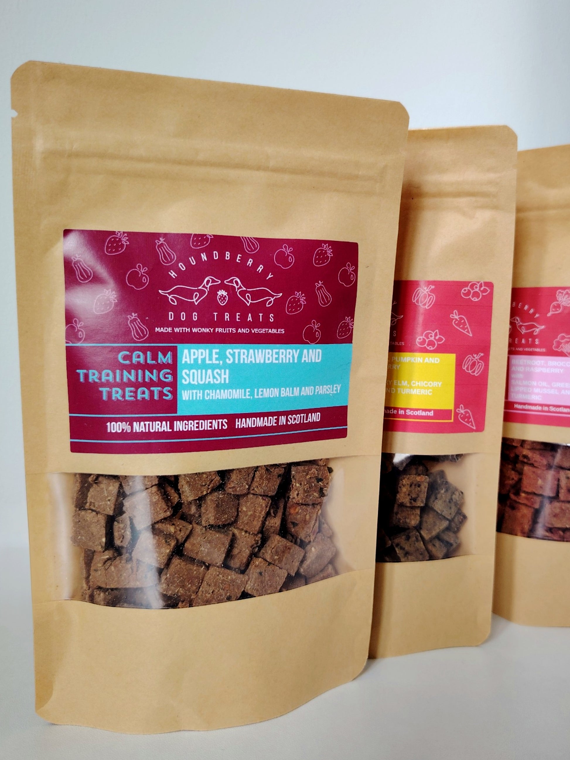 Selection of houndberry dog training treats in three flavours.