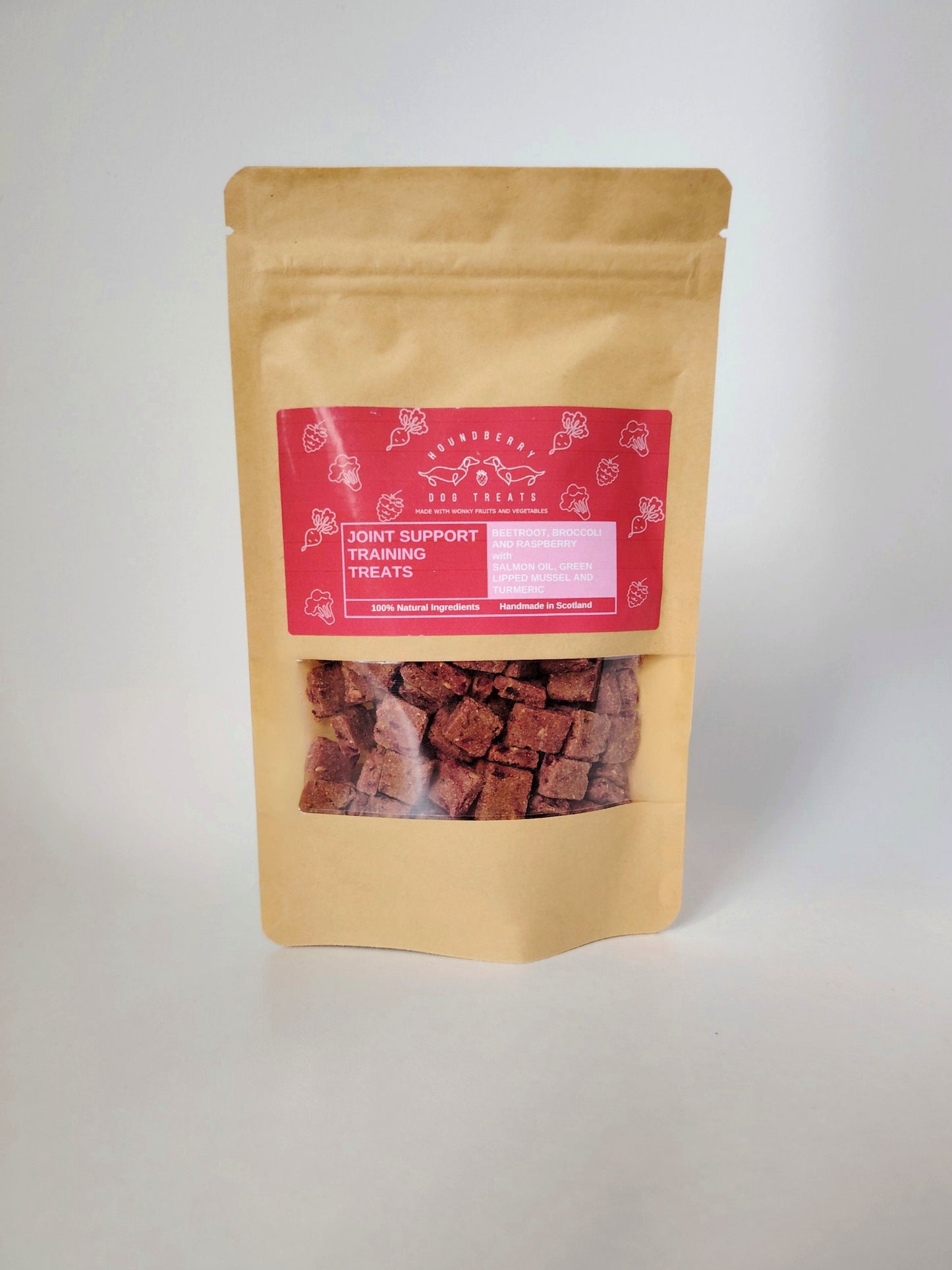 Houndberry Joint Support Training Treats for dogs in a resealable pouch.