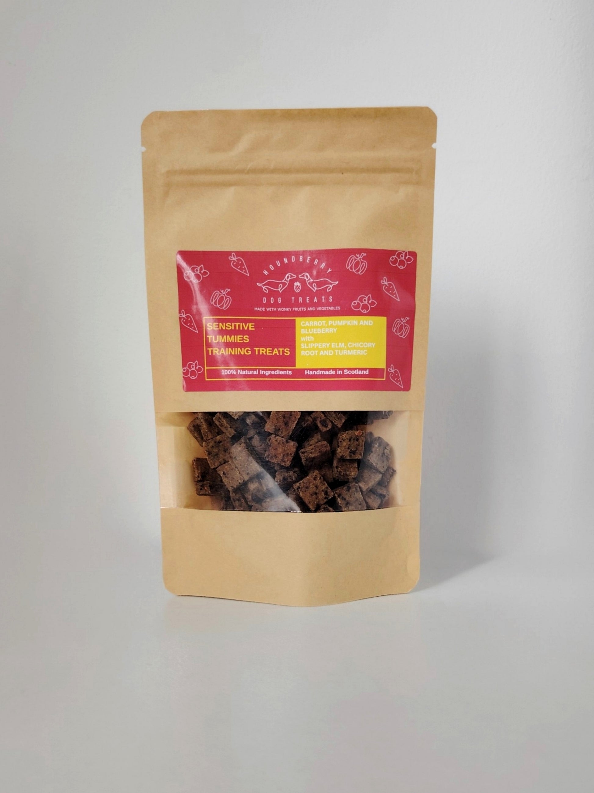 Houndberry Sensitive Tummies Training Treats for dogs n a resealable pouch.