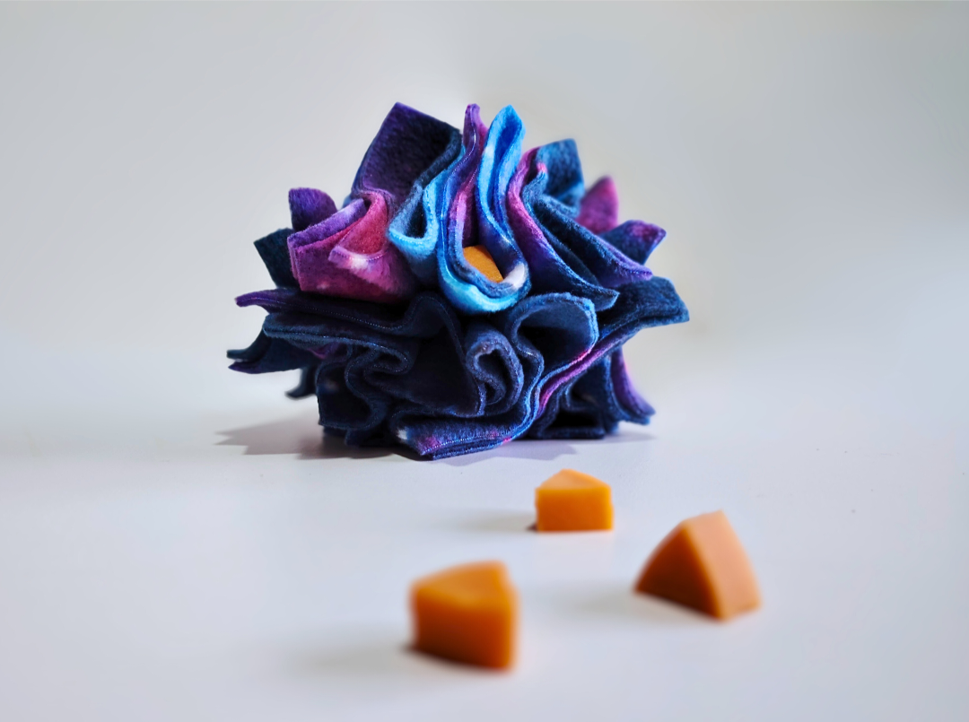 Colourful fleece enrichment toy with small treats scattered and hidden inside the scruffle ball on a light background