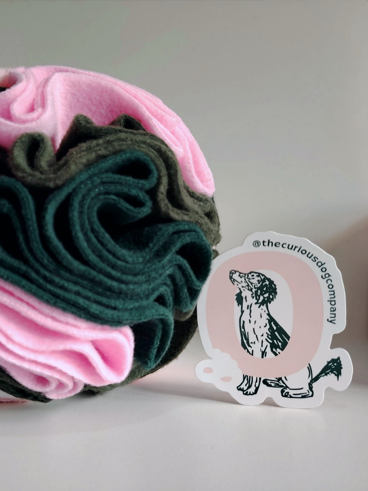 Nova Zeal Snuffle Ball in pink and dark green beside the Curious Dog Company Branding.