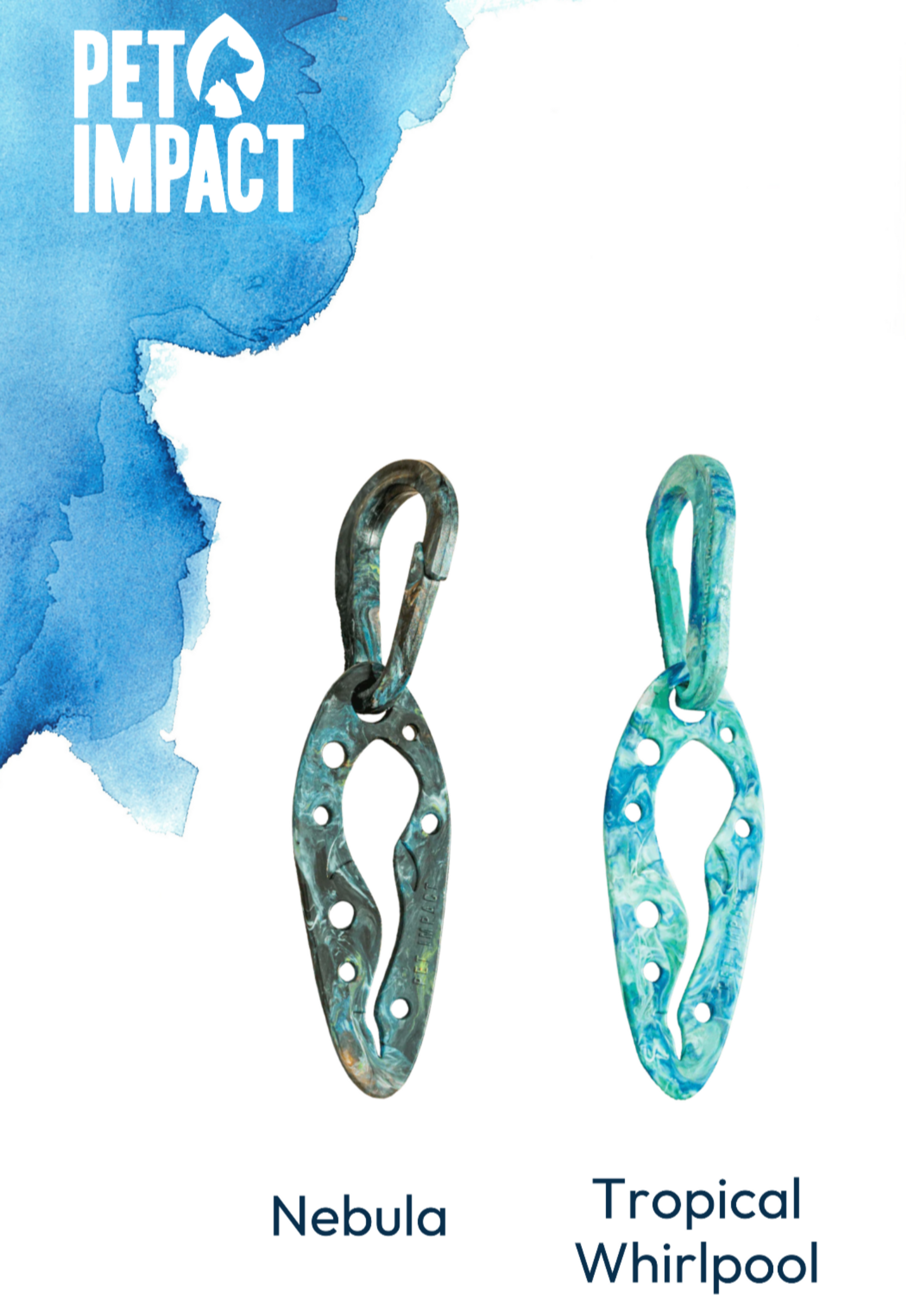 Nebula and Tropical Whirlpool PooPals displayed side by side with matching carabiner, showing the two colour options available at Nova Zeal.