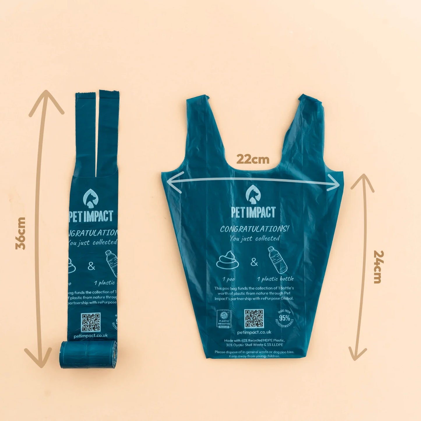 Pet Impact ReSEAcled poo bag shown rolled and opened, with dimensions of 36cm long and 22cm wide.