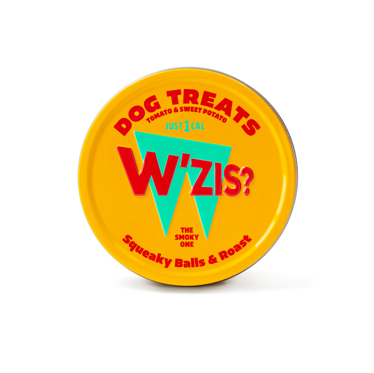 Round W'ZIS Squeaky Balls & Roast dog treat storage tin with a yellow lid and colourful branding.