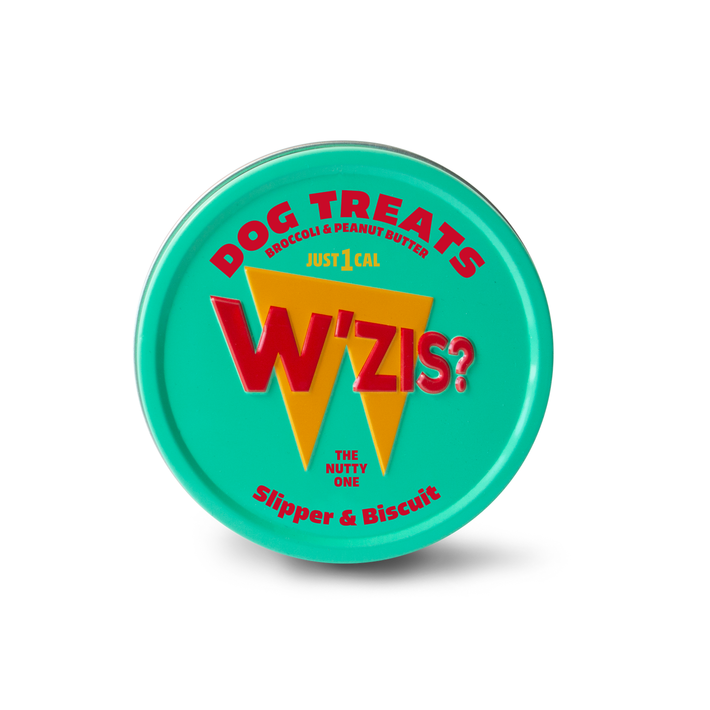 Round W'ZIS dog treat storage tin with a turquoise lid and colourful W'ZIS branding.