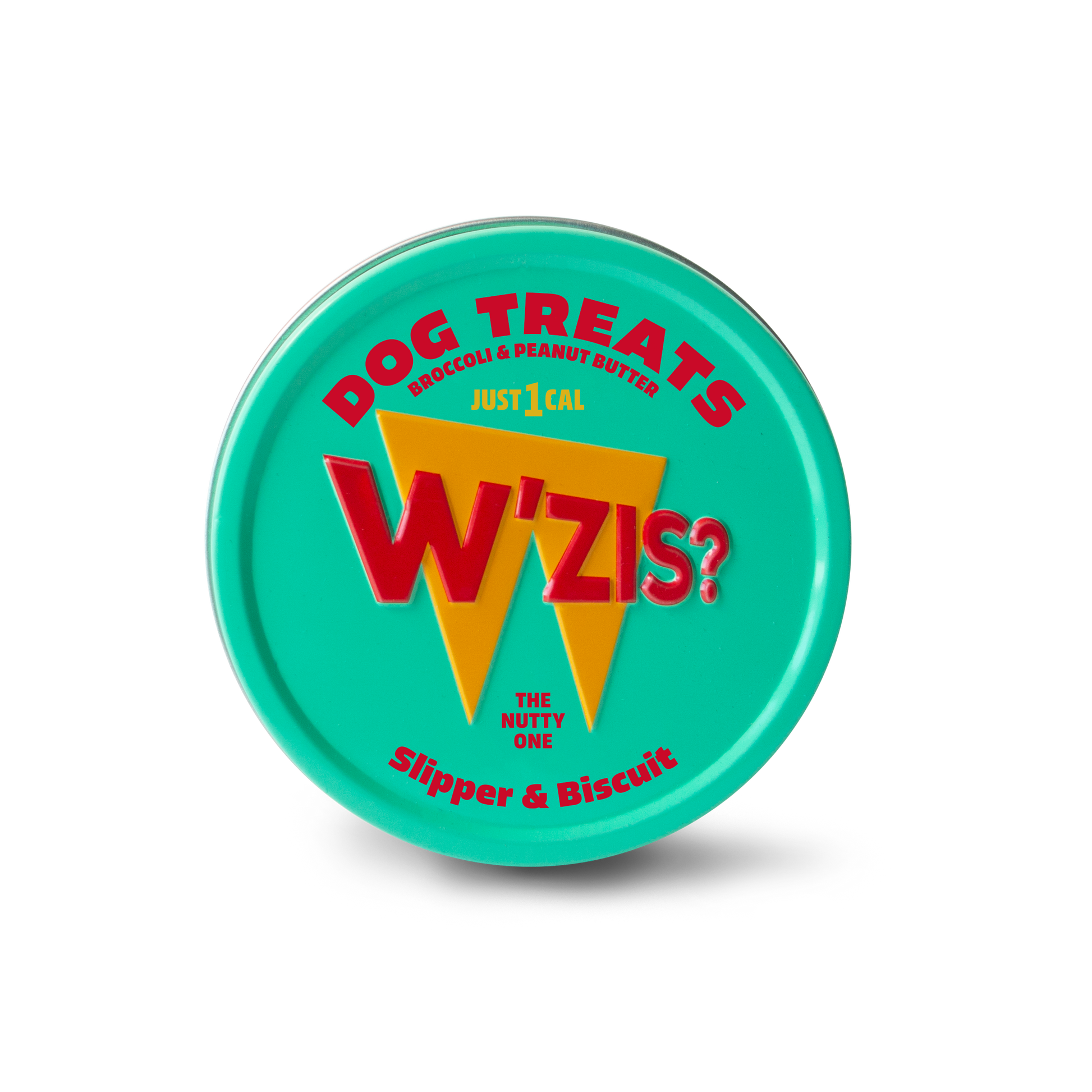 Round W'ZIS dog treat storage tin with a turquoise lid and colourful W'ZIS branding.
