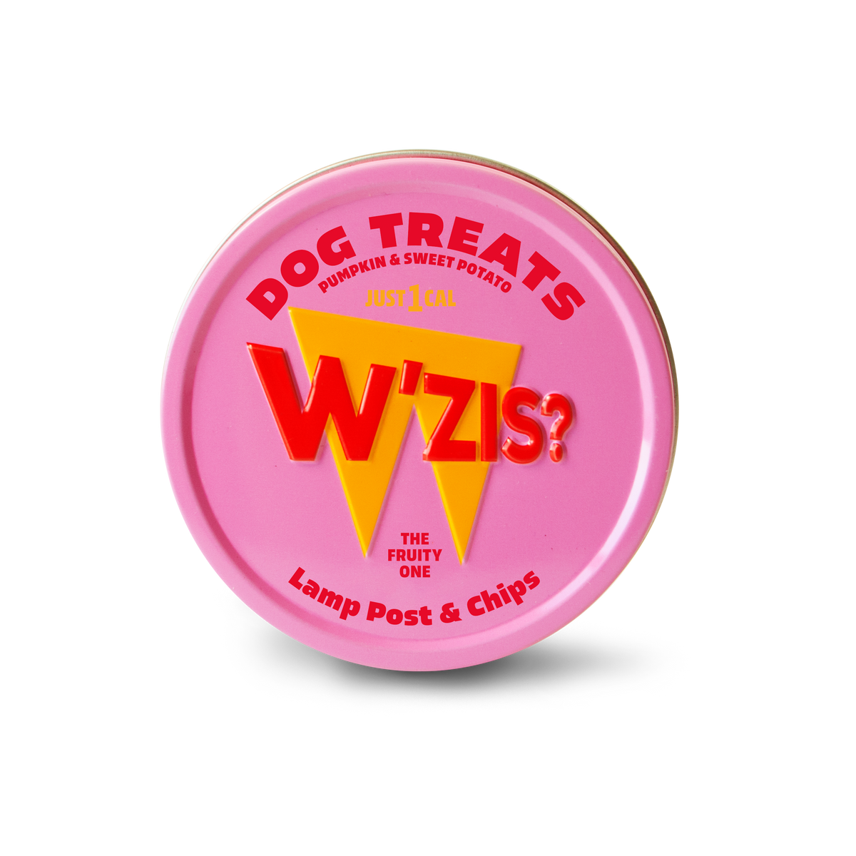 Round W'ZIS Lamb Post & Chips dog treat storage tin with a pink lid and colourful branding.