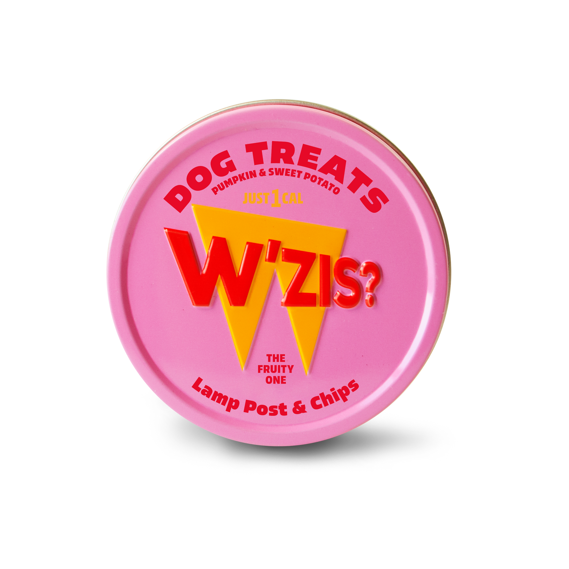 Round W'ZIS Lamb Post & Chips dog treat storage tin with a pink lid and colourful branding.